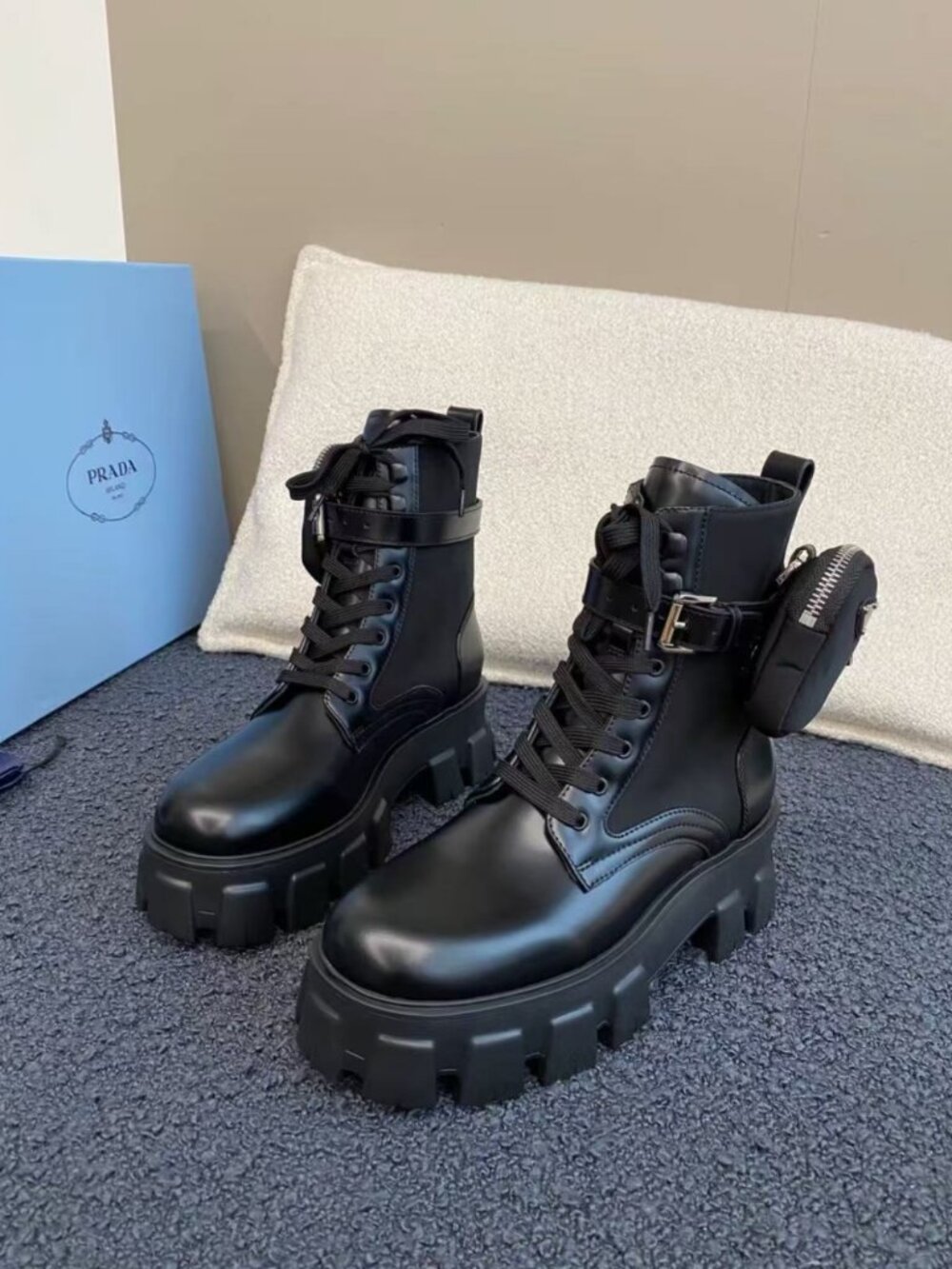 Prada Black Platform Combat Boots Full Set
